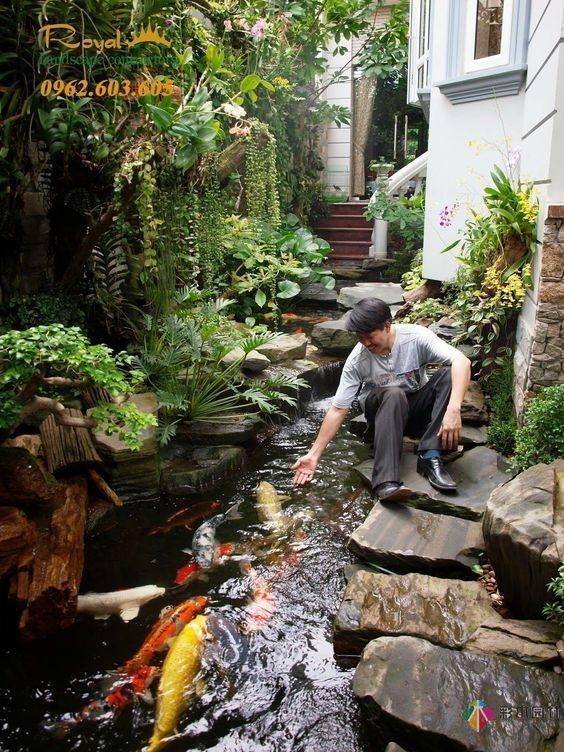 在私家花園庭院設計有一個魚塘荷花池,整個庭院都活了